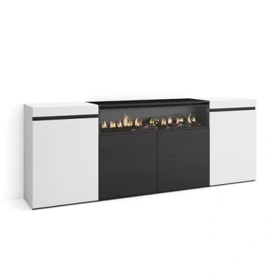 Abbildung von Skraut Home Sideboard, Highboard Kommode, Komodenschrank 200x75x35cm 4 Türen Elektrokamin. Maße Moderner Stil Weiß und Schwarz