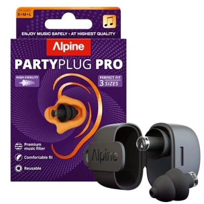Abbildung von Alpine PartyPlug Pro Gehörschutz Ohrstöpsel für Konzert, Festival, Musik, Party &amp; Disco 21dB Hi Fi Premium Lärmschutz Höchste Musikqualität, Professional Filter, 3 Größen (S/M/L), Schwarz