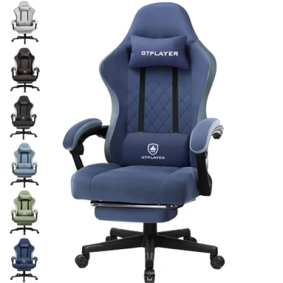 Abbildung von GTPLAYER Gaming Stuhl Ergonomischer Sessel Schreibtischstuhl mit Stoffoberfläche, Federsitzkissen, Verbindungsarmlehnen und Fußstütze blau