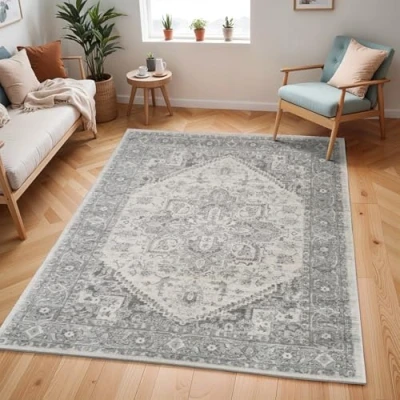Abbildung von Surya Khartoum Vintage Teppich groß Orientalischer Wohnzimmer 200x275 cm, Esszimmer, Schlafzimmer Boho Teppich, Kurzflor für einfache Pflege Muster in Grau und Beige