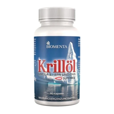 Abbildung von BIOMENTA Krillöl 90 Antarktis SUPERBA™ Krilloil Kapseln hochdosiert mit Omega 3 + EPA DHA Phospholipiden Astaxanthin Premiumqualität