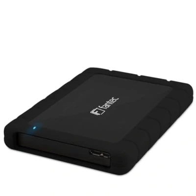 Abbildung von FANTEC Alupro U3 Externes Festplattengehäuse (für 6, 35 cm (2, 5 Zoll) SATA Festplatte oder SSD, USB 3.0 SuperSpeed, Gebürstetes Aluminium Gehäuse, mit elastischer Schutzhüllein aus Silikon) Schwarz