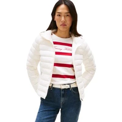 Abbildung von Tommy Hilfiger Damen Steppjacke Down Hooded Jacket mit Reißverschluss, Weiß (Ivory Silk), XS