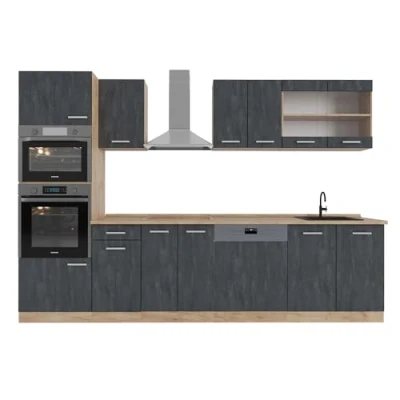 Abbildung von Vicco Küchenzeile R Line, Schwarz Beton/Goldkraft Eiche, 300 cm AP Eiche