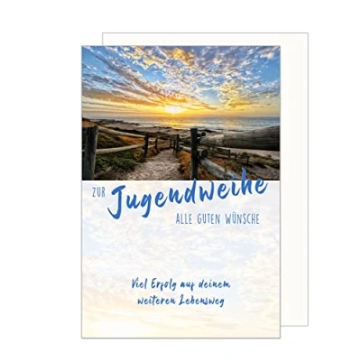 Abbildung von Edition Seidel Premium Glückwunschkarte zur Jugendweihe mit Umschlag. Eine einzelne Karte Spruch. Grusskarte Meer Weg Strand Himmel Junge Mädchen (JW128 SW023)