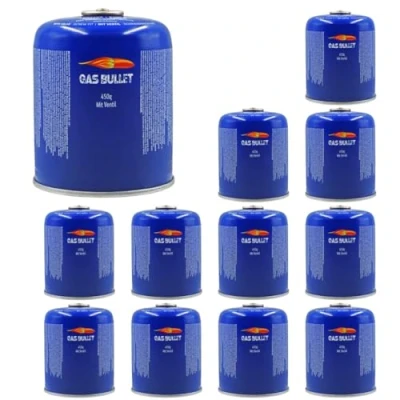 Abbildung von Gas Bullet ® Schraubkartusche 450g passend für Gaskocher, Gasgrills (speziell Weber) und alle Geräte mit 7/16“ Gewinde Ideal Camping/Outdoor/Notfälle (12 Kartuschen)