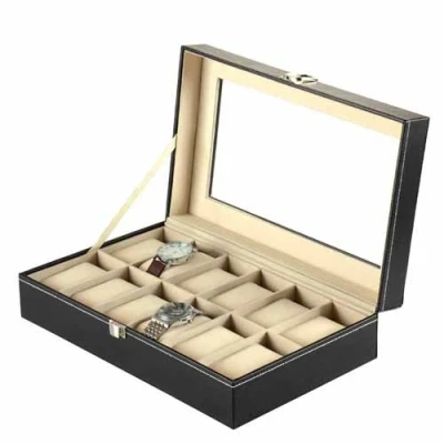 Abbildung von Sinoba Uhrenkoffer Uhrenbox Schaukasten Uhrenkasten Uhrenvitrine für 12 Uhren Leder Look Echtglas Fenster