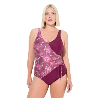 Abbildung von Ulla Popken Damen Badeanzug, Alina, Wickelraffung Glitzerblüten, Purpur, 42 EU