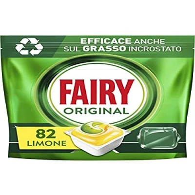 Abbildung von Fairy Spülmaschinentabs, 82 Spülmaschinenkapseln, Original Zitrone, Reinigungswirkung beim ersten Waschen, effektiv auf verkrustetem Fett mit Glanzwirkung