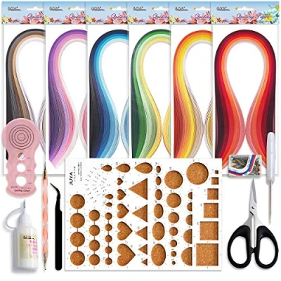 Abbildung von JUYA Papier Quilling Kits mit 30 Farben 600 Strips und 8 Werkzeuge(Rosa Werkzeuge, Papierbreite 3mm Kleber haben)