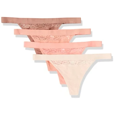 Abbildung von Amazon Essentials Damen Tanga Unterwäsche Baumwolle und Spitze, 4er Pack, Lachsrosa/Braun/Hellrosé, 40