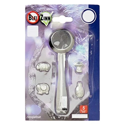 Abbildung von TIB Heyne Zinngießen Zinn Silvester Party Set gießen Zinngießset Alternative zum Bleigießen oder Wachsgießen 5 teiliges mit 4 Figuren Schmelzen 3X