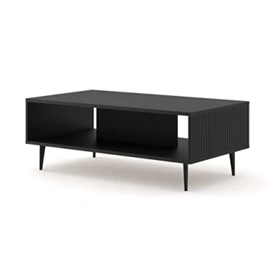 Abbildung von BIM Furniture Couchtisch Ravenna B 90 x 60 cm gefräste MDF Dekorationen auf Schwarze Metallbeinen EIN Kaffeetisch Tisch mit Regal (Schwarz Matt)