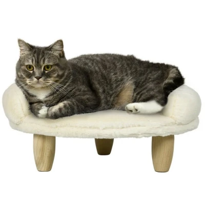 Abbildung von PawHut Tierbett Haustiersofa mit Erhöhtem Design Katzensofa Holzbeine, Plüsch, Creme, 47 x 40 20 cm