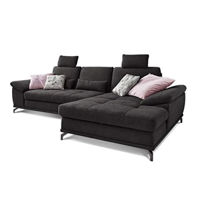 Abbildung von Cavadore Ecksofa Castiel mit Federkern / Großes Sofa in L Form Sitztiefenverstellung, Kopfstützen und XL Longchair 312 x 114 173 Webstoff, Schwarz