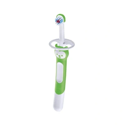Abbildung von MAM Training Brush C118 Zahnbürste mit langem und ergonomischem Griff, Sicherheitsring, für Babys ab 6 Monaten, neutral