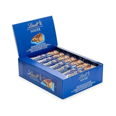 Abbildung von Lindt Schokolade Waffel Vollmilch Riegel 18 x 35 g im Thekendisplay 630 Knusprige Waffelblätter in feiner Schokoladen Großpackung Schokoladengeschenk