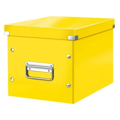 Abbildung von Leitz Click &amp; Store Aufbewahrungsbox mit Deckel Mittel Groß, Würfelbox für Regale im Wohnzimmer oder Büro, Transportbox aus 80 % recycelter Premium Hartpappe, Stabile Metallgriffe, Gelb, 61090016