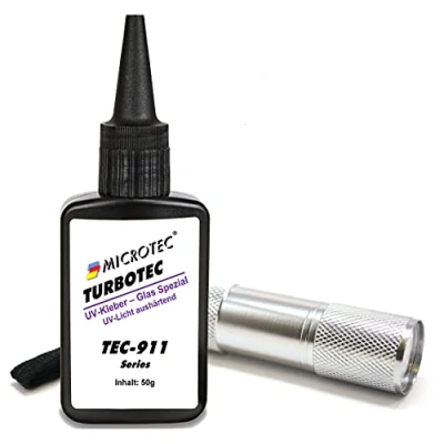 Abbildung von Microtec® Turbotec 911 Glas Spezial UV Kleber extra stark für Glas/Metall 50g mit Taschenlampe lichthärtender und transparenter Klebstoff Qualitätsprodukt aus Deutschland