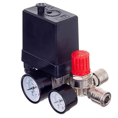 Abbildung von Druckregler 400 V Mit Druckschalter, 2 Messanzeigen von 0 bis 12 bar, Innengewinde 1/4&quot;, Druckschalter für 400V Kompressor, Druckminderer, Schnellkupplungen, Abschaltautomatik, Typ PL400