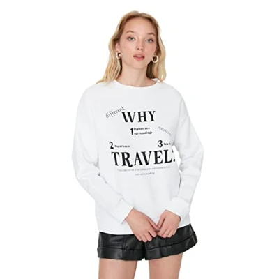 Abbildung von Trendyol Women&#039;s Crew Neck with Slogan Regular Sweatshirt, Weiß, XL