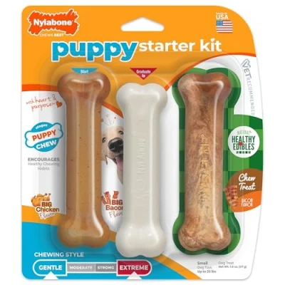 Abbildung von Nylabone, Kauknochen für Welpen und Zahnpflege Spielzeug zahnende Welpen, Wohltuender Kauknochen, kleine bis 11kg, sanft kauende/zahnende Hunde, 3er Starterpaket inklusive Leckerli