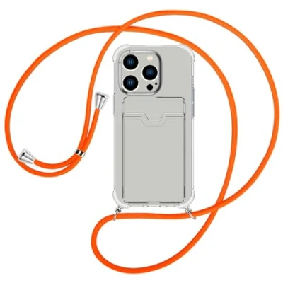 Abbildung von mtb more energy® Handykette mit Kartenfach kompatibel iPhone 15 Pro Neon Orange Smartphone Hülle zum Umhängen Anti Shock Full TPU Case