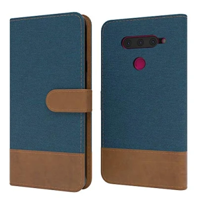 Abbildung von EAZY CASE Tasche kompatibel mit LG V40 ThinQ Stoff Schutzhülle Standfunktion Klapphülle im Bookstyle, Handyhülle Flip Cover Magnetverschluss und Kartenfach, Kunstleder, Dunkel Blau