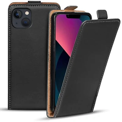 Abbildung von Verco Flip Cover für iPhone 13 Mini Case, Flipstyle Schutzhülle Apple Hülle Kunstleder Tasche vertikal klappbare Handyhülle, Schwarz