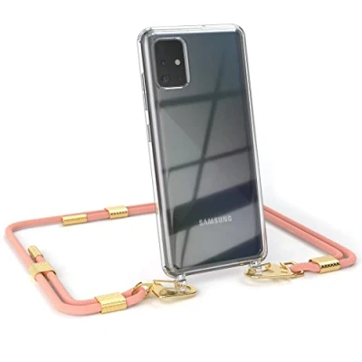 Abbildung von EAZY CASE kombinierbare Handyketten kompatibel mit Samsung Galaxy A51, Transparente Silikon Hülle stylischen rundem Umhängeband, abnehmbar durch Karabiner, Handykordel, Korall Clips Gold