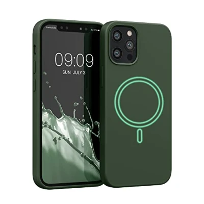 Abbildung von kwmobile Hülle kompatibel mit Apple iPhone 12 / Pro magnetisches Silikon Case MagSafe Cover gummiert Dunkelgrün