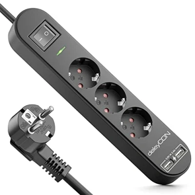 Abbildung von deleyCON 5m 3 Fach Steckdosenleiste mit USB &amp; EIN/AUS Schalter Schwarz