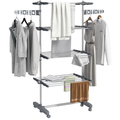 Abbildung von HOMCOM Wäscheständer Wäschetrockner Turm, Standtrockner mit Klappbarem Flügel, für Indoor, Outdoor, Stahl 142 x 55 172 cm, Grau