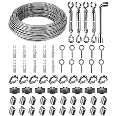 Abbildung von 30m Φ 3mm Stahlseil Kit, Drahtseil Spanndraht Edelstahl 304, Ummantelt mit ösen Seilspanngarnitur, Spannschloss, für gardinenseil, wäscheleinen, String Light Suspension