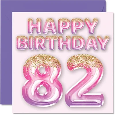 Abbildung von Geburtstagskarte zum 82. Geburtstag für Frauen rosa und lila Glitzerballons Happy Karten 82 Jahre alte Frau Mama Great Nanny Grandma Gran 145 mm x 80 Sekunden Geburtstagskarten Geschenk