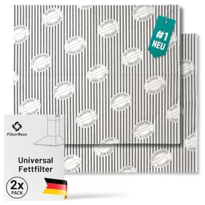 Abbildung von FilterBase® Universal Fettfilter Dunstabzugshaube 2er Pack Fett Filter Sättingungsanzeige, Flachfilter für Dunstabzug, Abzugshaube Kein Aktivkohlefilter, Filtermatte zuschneidbar 57x47 cm