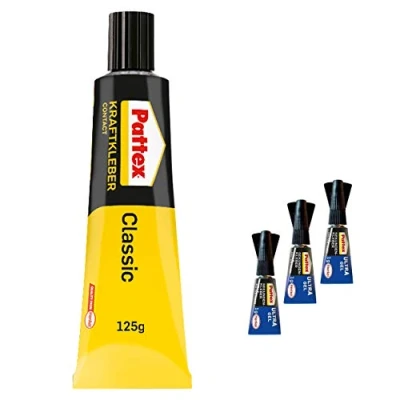 Abbildung von Pattex Kraftkleber Classic, extrem starker Kleber für höchste Festigkeit, Alleskleber den universellen Einsatz, Spar Set mit 1x 125 g und 3x 1 Sekundenkleber Ultra Gel, 9HPCL4CP1X