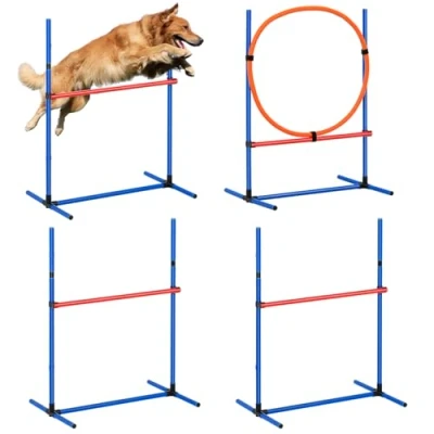 Abbildung von VEVOR Agility Set Hunde, 4 teiliges verstellbare hohe Hürden und Sprungring, Welpen Hindernisparcours Starter mit Stangen Aufbewahrungstasche für Hinterhof, drinnen, draußen