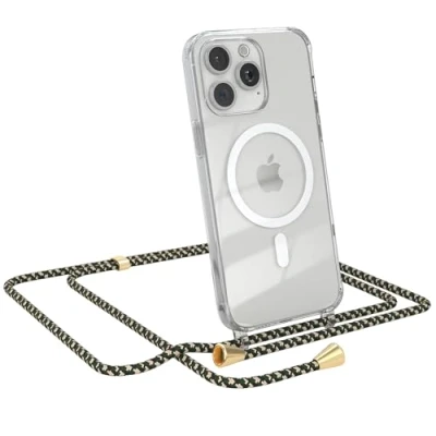 Abbildung von EAZY CASE Handykette kompatibel mit iPhone 15 Pro Max Kette zum Umhängen Stoßfest Handyhülle für Silikon Hülle Band Handytasche Transparent als Fallschutz in Grün Camouflage