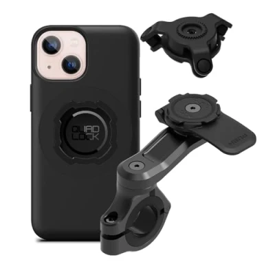 Abbildung von Quad Lock Motorrad Lenkerhalterung Pro Kit mit Vibrationsdämpfer und iPhone 13 Mini MAG Case