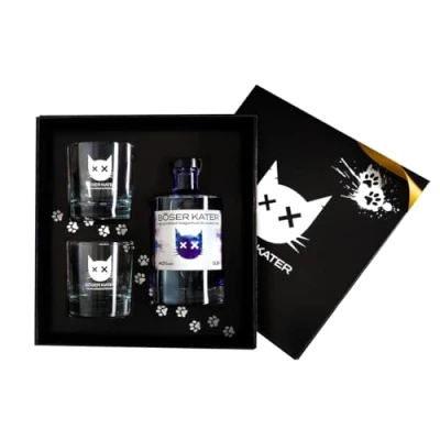 Abbildung von Böser Kater Dragonfruit Blueberry Gin Geschenkset mit 2 Gläsern, das perfekte Geschenk in hochwertiger Box, 0,5l 40% Vol.