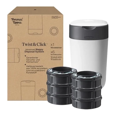 Abbildung von Tommee Tippee Twist and Click Advanced Windeleimer, umweltfreundliches System, inkl. 6x Nachfüllkassetten mit nachhaltig gewonnenem, antibakteriellem GREENFILM, Weiβ
