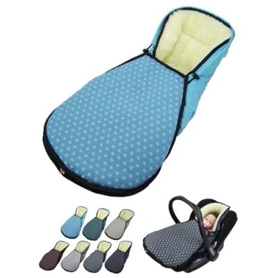 Abbildung von Fußsack für Babyschale [Winterfußsack] Kinderautositz kompatibel mit Maxi Cosi Babyschalen Gruppe 0+ Lammwolle Sitzauflage verstellbar (Sterne türkis)