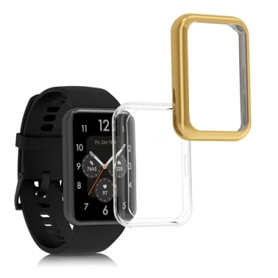 Abbildung von kwmobile 2X Schutzhülle kompatibel mit Huawei Watch Fit 2 Hülle Fullbody Cover Set aus Silikon Transparent Gold