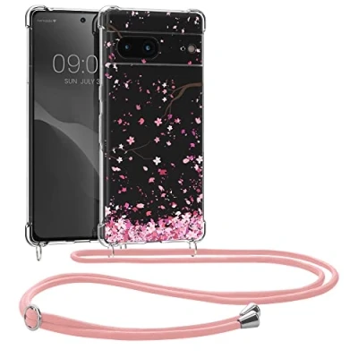 Abbildung von kwmobile Necklace Case kompatibel mit Google Pixel 7 Hülle Silikon Cover Handykette Rosa Dunkelbraun Transparent Kirschblütenblätter