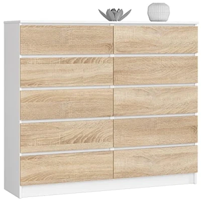 Abbildung von AKORD Kommode K 140 mit 10 (2 x 5) Schubladen für das Wohnzimmer Schlafzimmer Schrank Büro Arbeitszimmer Modernes Funktionales Design B138 H121 T40 cm, Gewicht 75 kgWeiß/Sonoma Eiche