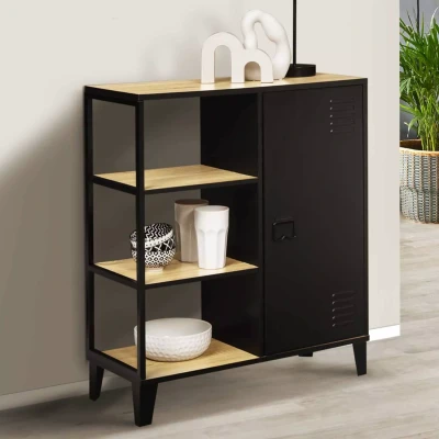 Abbildung von IDMarket Anrichte Ester 3 Regale und Schrank Metall schwarz Platte Holz Industriedesign 70 cm