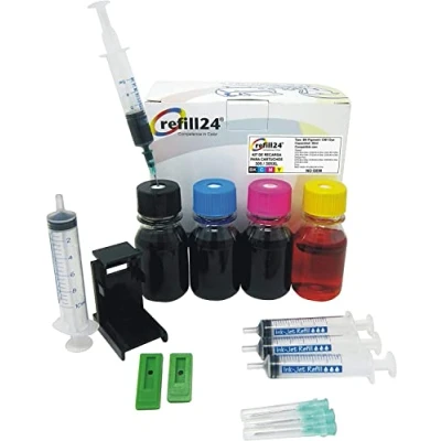 Abbildung von refill24 Nachfüllset kompatibel mit HP 305/305XL / 307/307XL Druckerpatronen Farbe &amp; Schwarz, Nachfülltinte passend für DeskJet Plus Envy, Refillset Zubehör, Anleitung, 240 ml Druckertinte