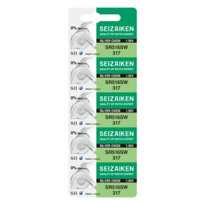 Abbildung von Seizaiken Seiko 317 SR516SW Uhrenbatterie, 1,55 V, 0 % Hg, Silberoxid, 5 Batterien, hergestellt in Japan