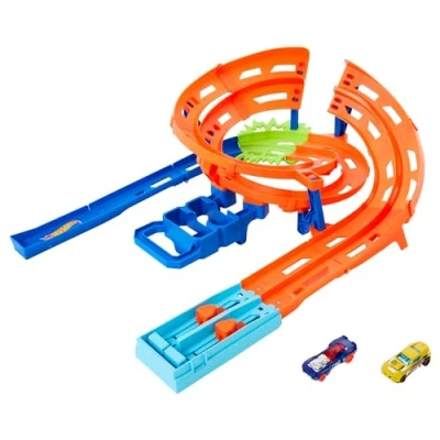 Abbildung von Hot Wheels Spielzeugauto Trackset, Steilkurven Rennstrecke, 2 Spielzeugautos im Maßstab 1:64, einfache Aufbewahrung, HTK17, HTK17